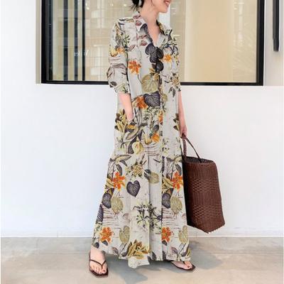 Sommer Damen Baumwolle Leinen Bedruckte Kleider Revers Langarm Tasche Einfaches lockeres lässiges Longshirtkleid
