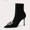 Fashion Rhinestone Skinny Heel Skinny Boots Autumn New Pointed Toe Suede Sleeve Non-Slip Anti-Shorthole Boots