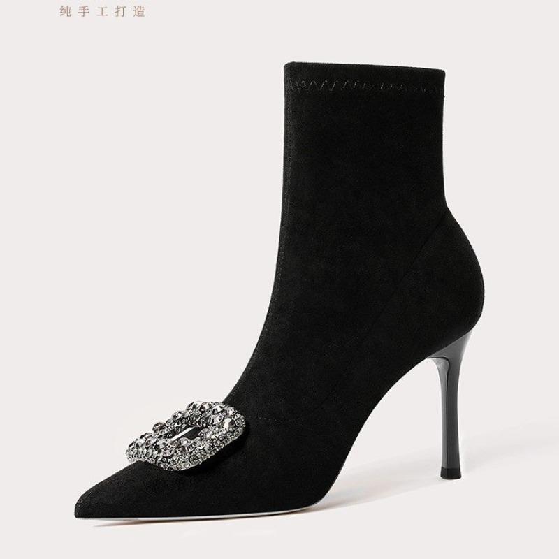 Fashion Rhinestone Skinny Heel Skinny Boots Autumn New Pointed Toe Suede Sleeve Non-Slip Anti-Shorthole Boots