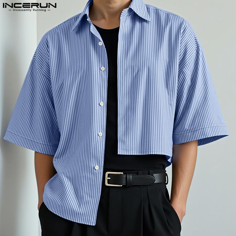INCERUN Men Lapel Neck Short Sleeve Striped Casual Loose Irregular Cropped Shirts