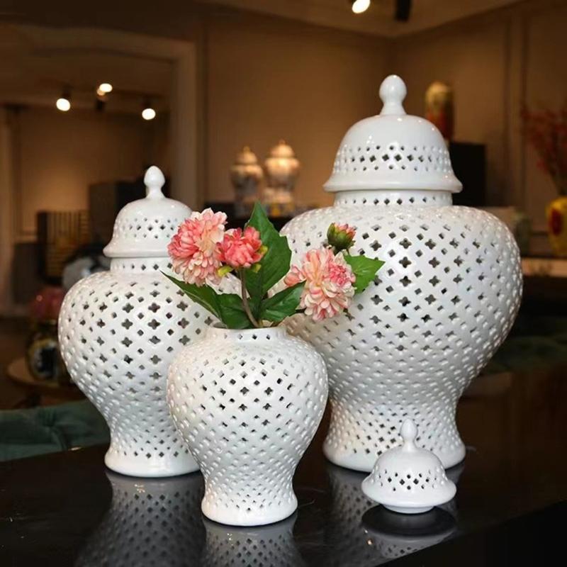 Ceramics Gingers Jar with Lid Decorative Flower Vases Cutout Lattice Crafts for Home or Kitchen Countertops Decoration