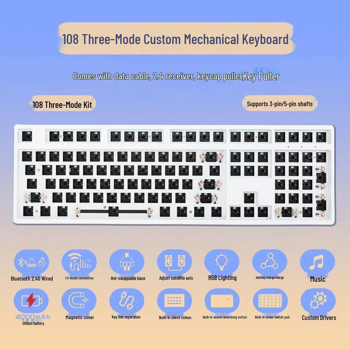 

108-Key Mechanical Keyboard Kit: Three-Mode (Wired/Wireless), RGB, Hot-Swappable Blue, Bottom Light Kit (No Switch, No Keycap)