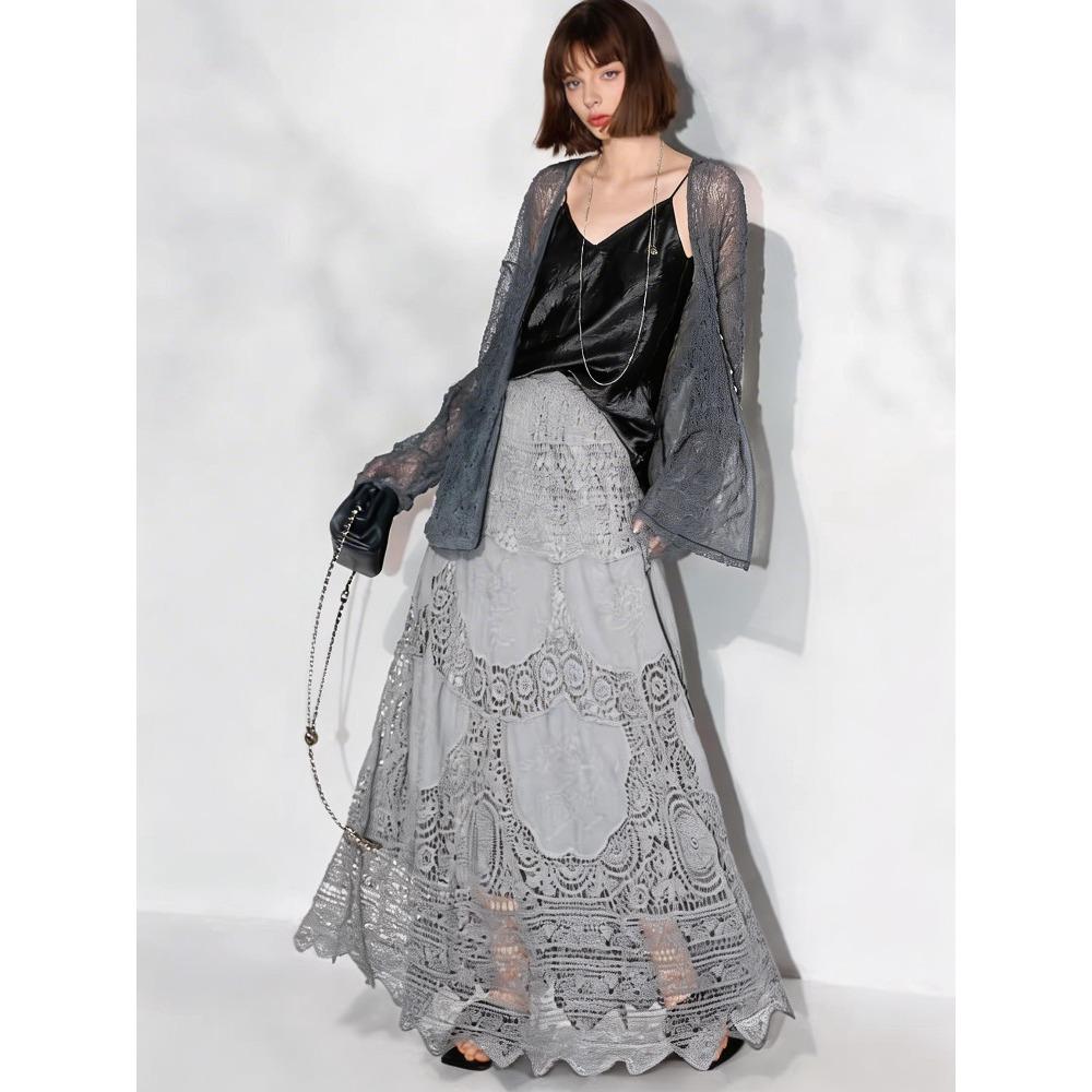 DIMANAF 2026 New Holiday Skirt Women Knitting Lace Solid Hollow Out Sexy Hollow Summer Style Loose Basic Dress