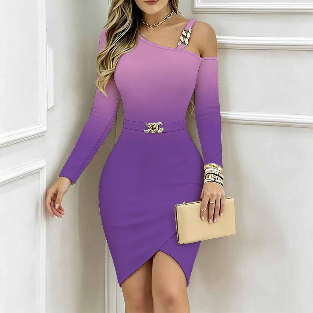 Women Plus Size Asymmetric Cold Shoulder Long Sleeve Brown Gold Vintage Damask Print Irregular Wrap Bodycon Midi Dress