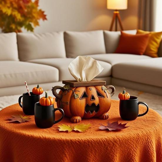 Novelty Home Accessory Halloween Pumpkin Tissue Box Holder, Resin Decorative Facial Funny Face Functional Fall Decoration Cover for Office