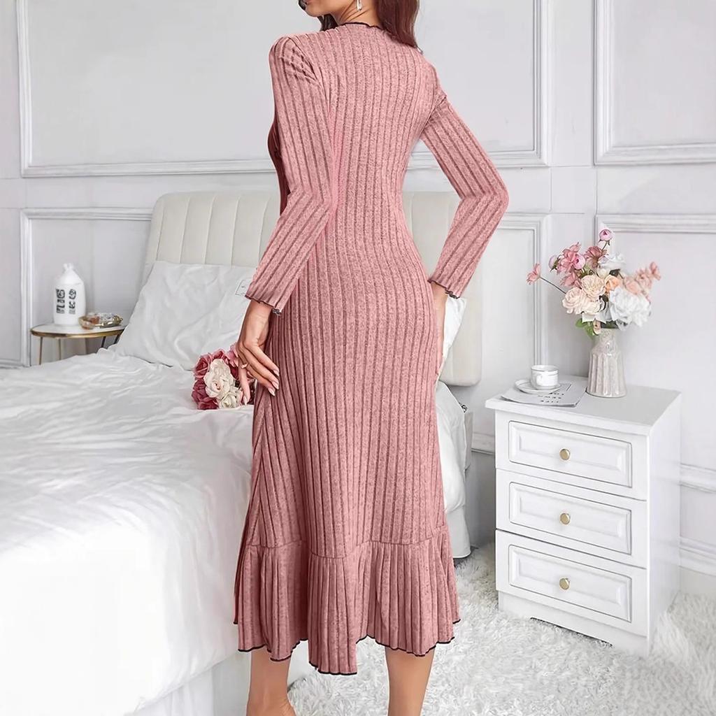 Autumn Winter Solid Long Sleeve O-neck Ruffles Maxi Dress Women's Elegant Mermaid Skirt Skinny Elastic Knitted Dresses for Women