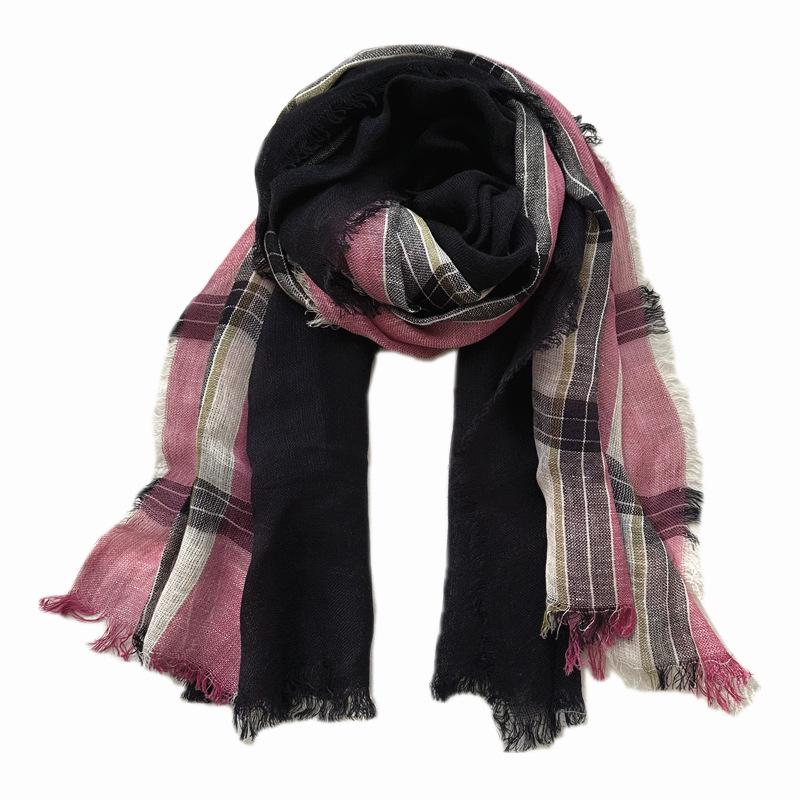 Autumn Plaid Double-Layer Linen Scarf for Women - Retro Cotton British Style Shawl