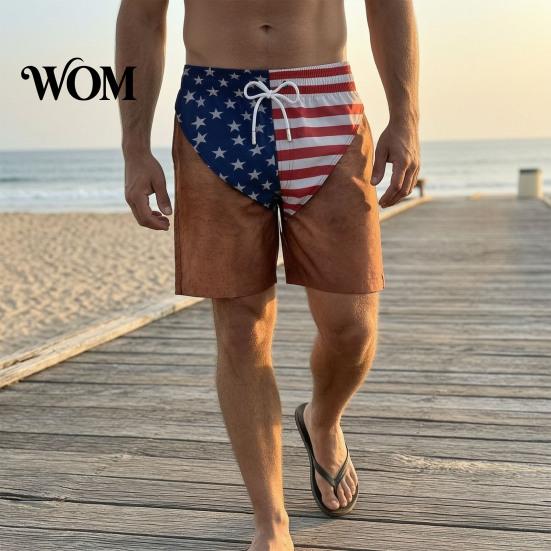 American Flag Pattern Shorts Funny Patriotic Men Shorts, Stars And Stripes Swim Trunks, Quick Mens Trunks Dry Drawstring Waist Board for Summer Beach