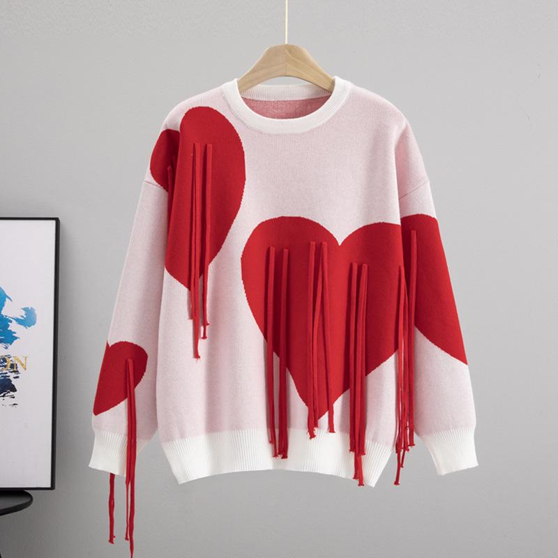 Cross Love Tassel Knitwear: Stylish Autumn/Spring European-American Patchwork Round Neck Pullover