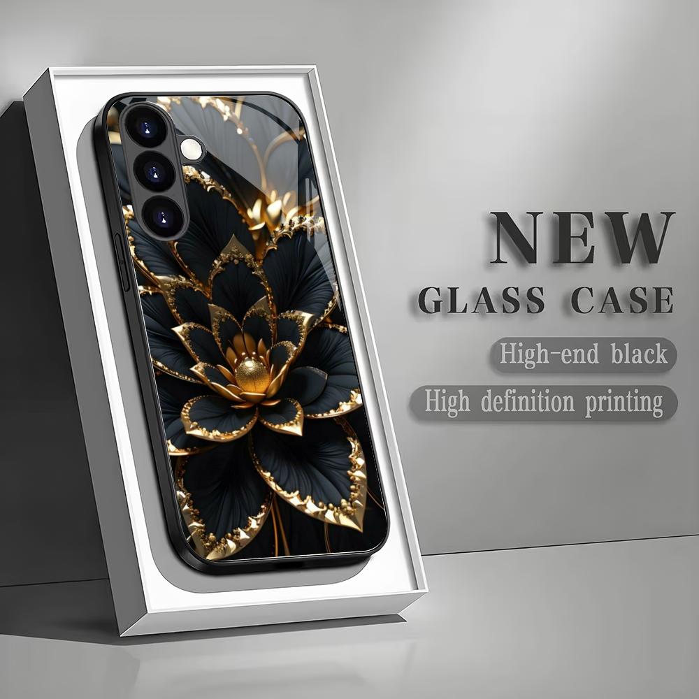 Black Lotus Pattern Tempered Glass Phone Case Suitable for Samsung Galaxy S26 S25 S24 S23 S22 S21 S20 FE/Ultra/Plus Anti Drop