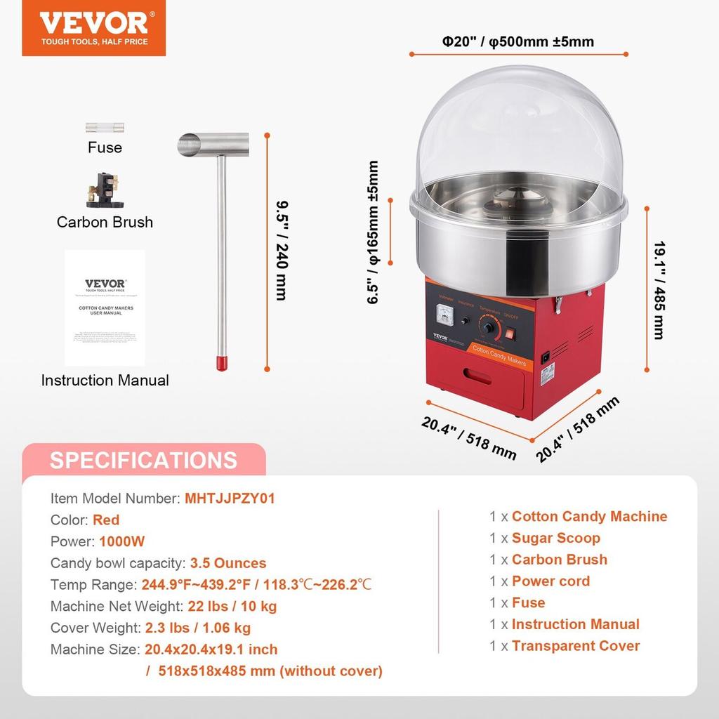 Electric Cotton Candy Machine, 1000W Candy Floss Maker, Commercial Cotton Candy Machine with Cover, Stainless Steel Bowl, Sugar Scoop, Drawer, Perfect