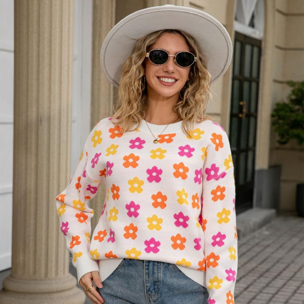 Autumn New Pullover Crew Neck Sweater Women's Versatile Flower Printing Warm Threaded Long Sleeve Knitted Top Women's