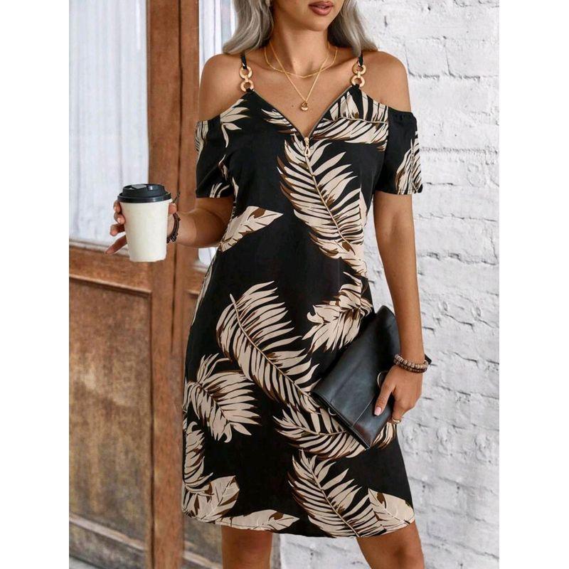 

Printed V-neck Short Sleeve Loose Dress Print V-neck Short sleeve Dress Women Black S