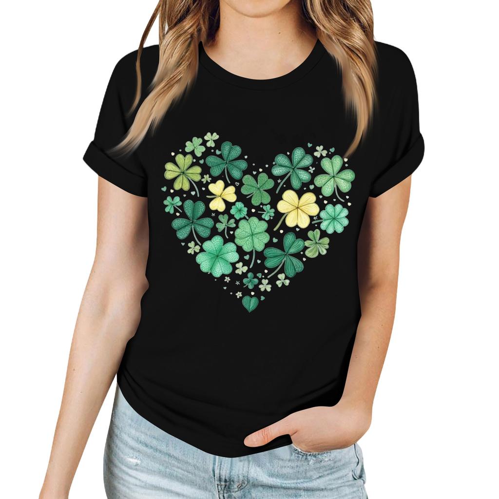 Women's Casual Saint Patrick Print T-Shirt Round Neck Pullover Short Sleeve Top