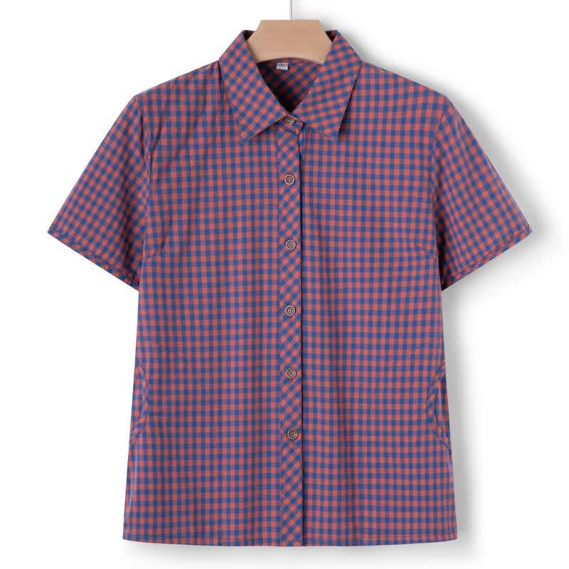 YUZHAOLIN Women's Plaid 100% Cotton Short-Sleeve Shirt