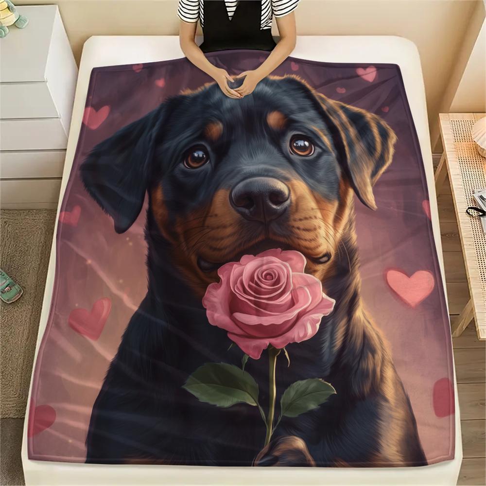 Rottweiler and Roses,pattern Flannel Blanket, High quality Comfortable for All Seasons, Home Decor, Warmth and Comfort, Perfect for Gifts.