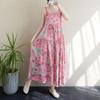 2025 Summer Cotton Linen Printed Long Sling Dress with Patchwork Design