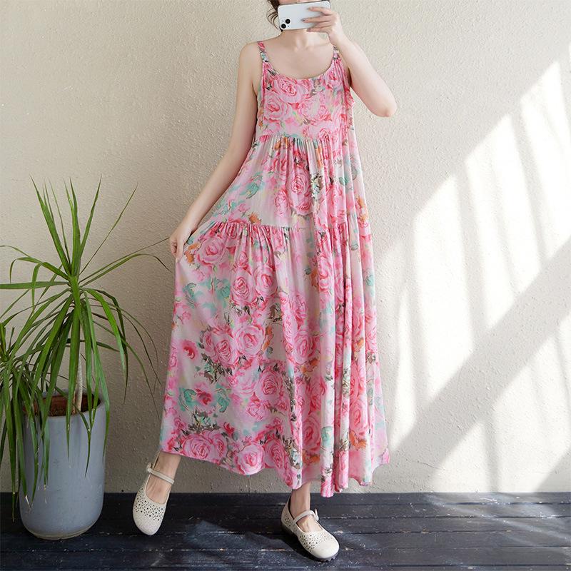 2025 Summer Cotton Linen Printed Long Sling Dress with Patchwork Design