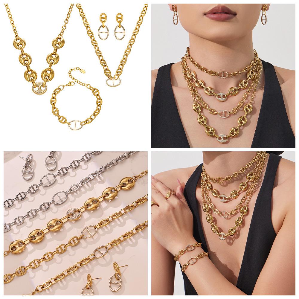 Stainless Steel Pig Nose Zircon-Inlaid Jewelry Set: Necklace, Bracelet, Earrings