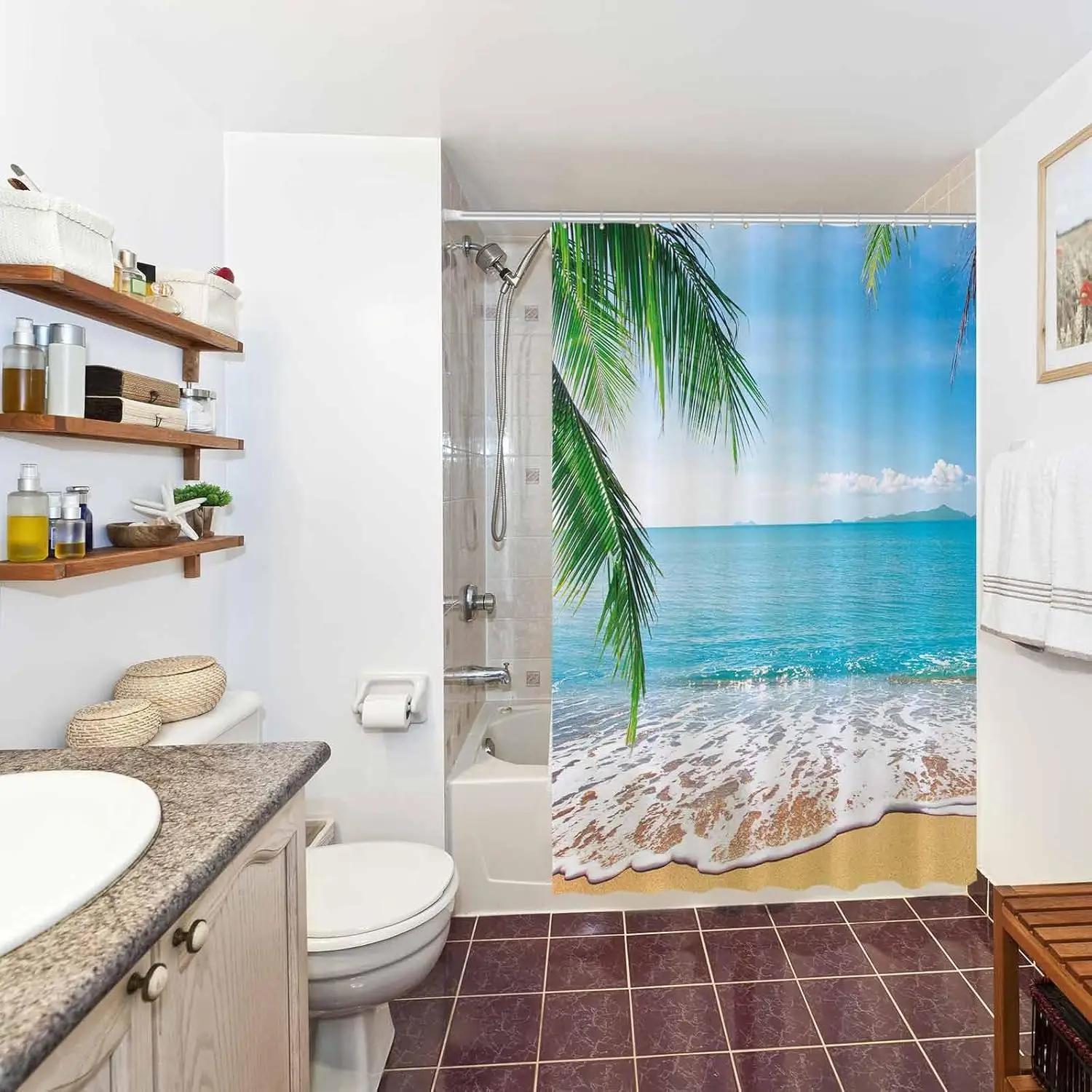 Tonnika Chen Tropical Beach Shower Curtain Summer Seaside Scene Ocean Island Palm Trees Bathroom Decorative Curtain