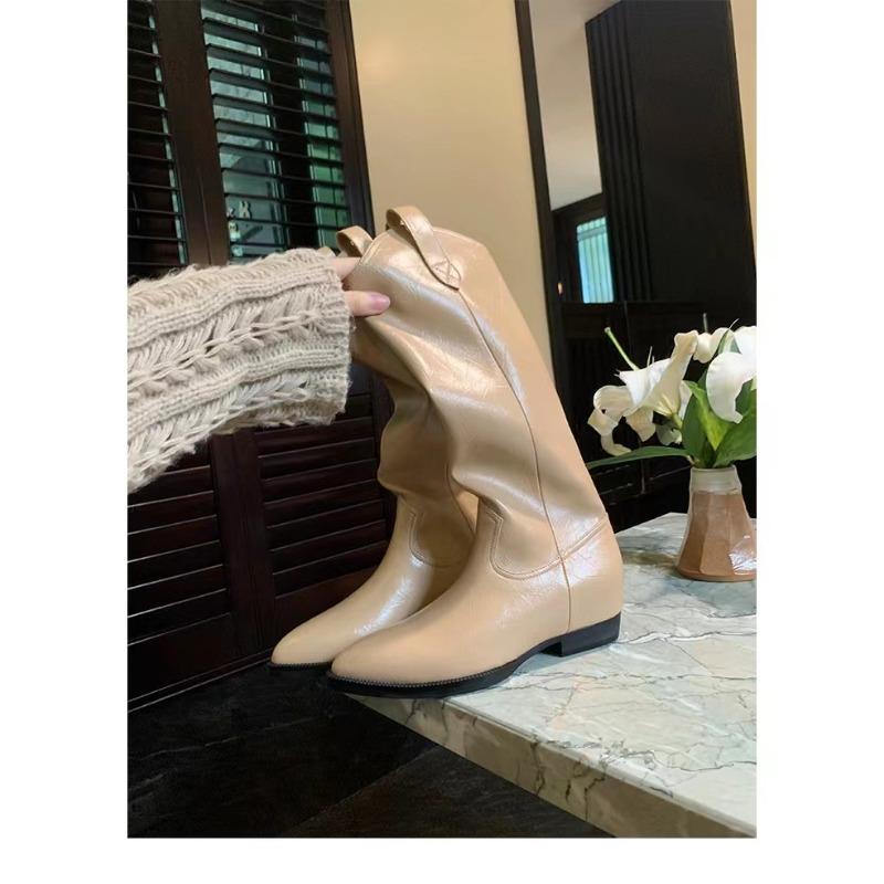 Cowhide~ V-mouth But Knee-high Boots Pointed Western Boots Leather Knight Boots Women's Boots