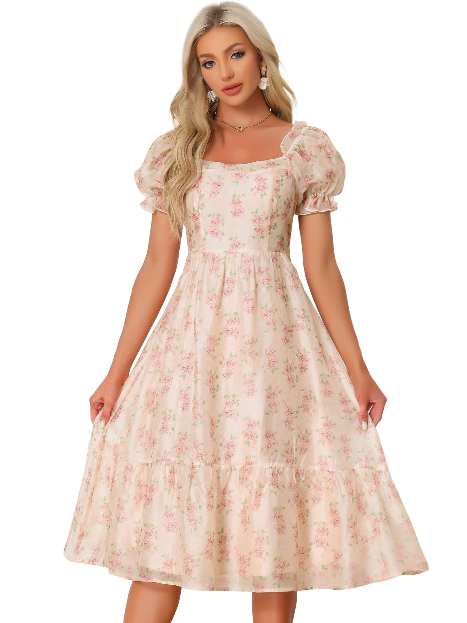 

Allegra K Women s Floral Print Sundress with Square Neck, Puff Sleeves, and a Beautiful Midi Dress in Apricot (Size L)