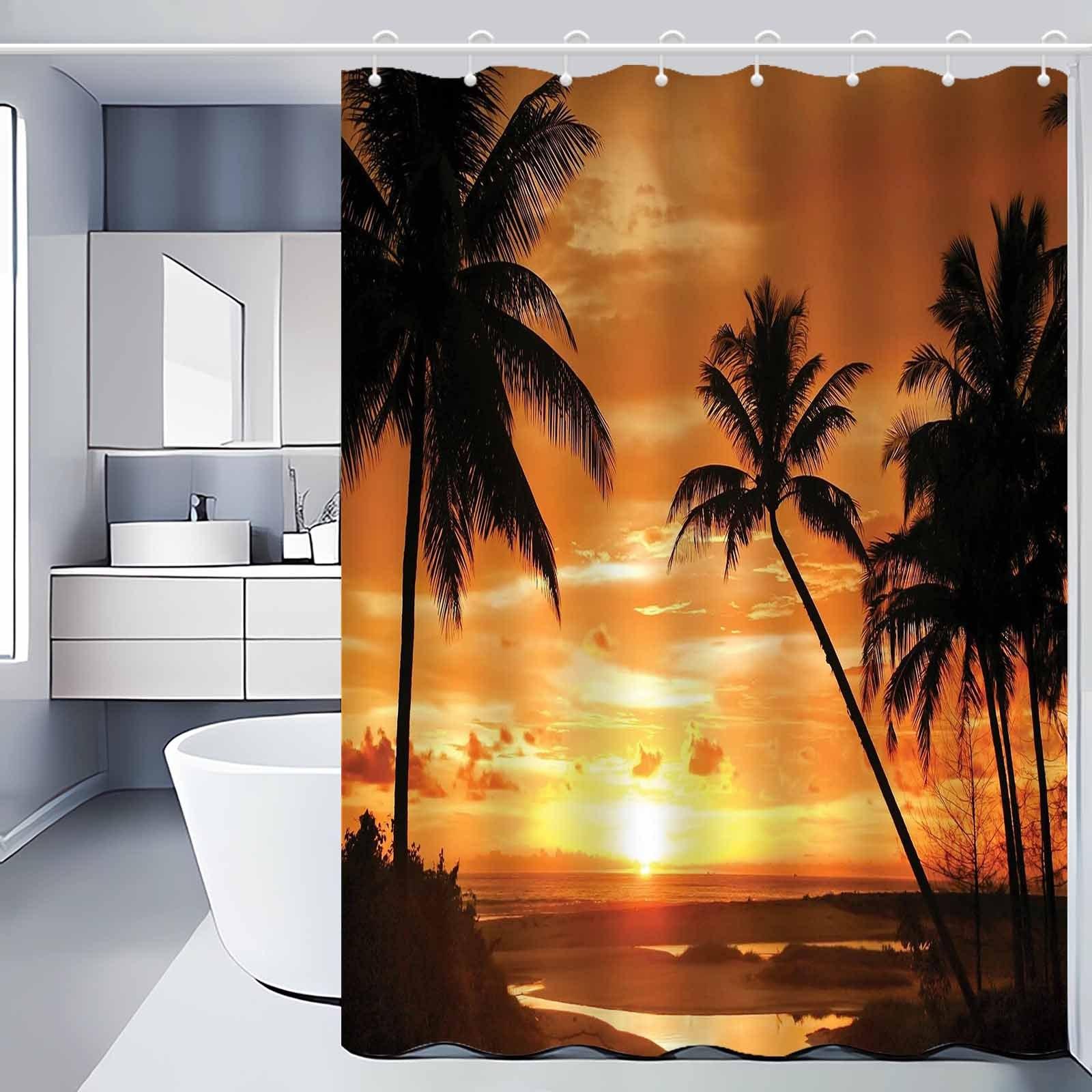 Jessica Chen 1Pc Sunset Beach Palm Tree Shower Curtain, Elegant Polyester Bath Curtain With Tropical Beach Scene, Machine Washable, Decorativ