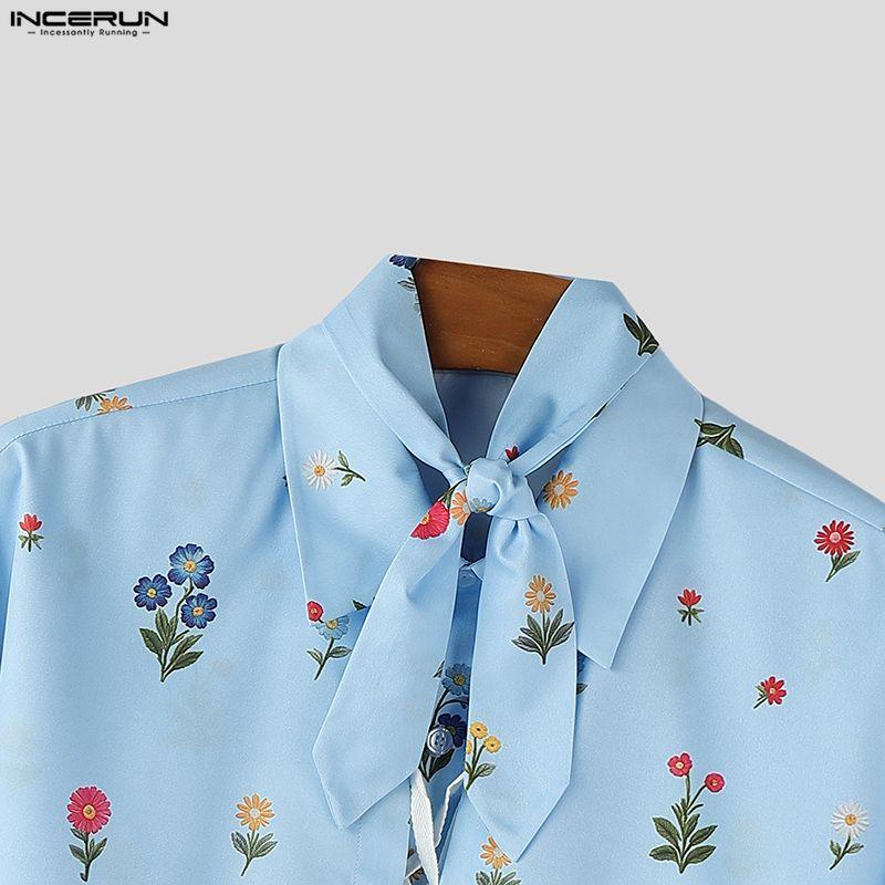 INCERUN Men Lapel Neck Short Sleeve Floral Print Lace-up Casual Hawaiian Summer Shirts