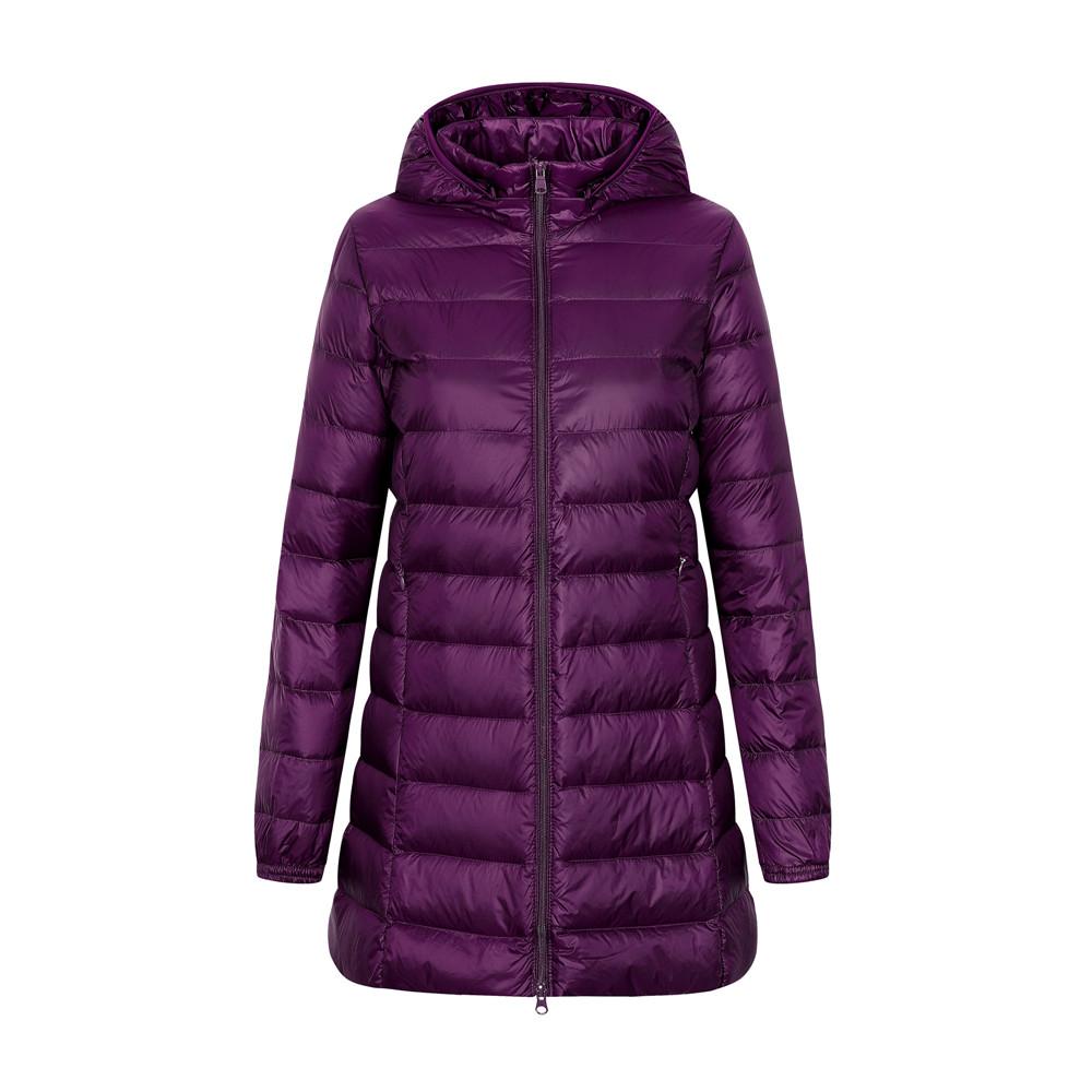 Frauen Herbst Winter Stehkragen Kapuze Einfarbig Reißverschluss Lange Weiße Ente Daunenjacke S-7XL