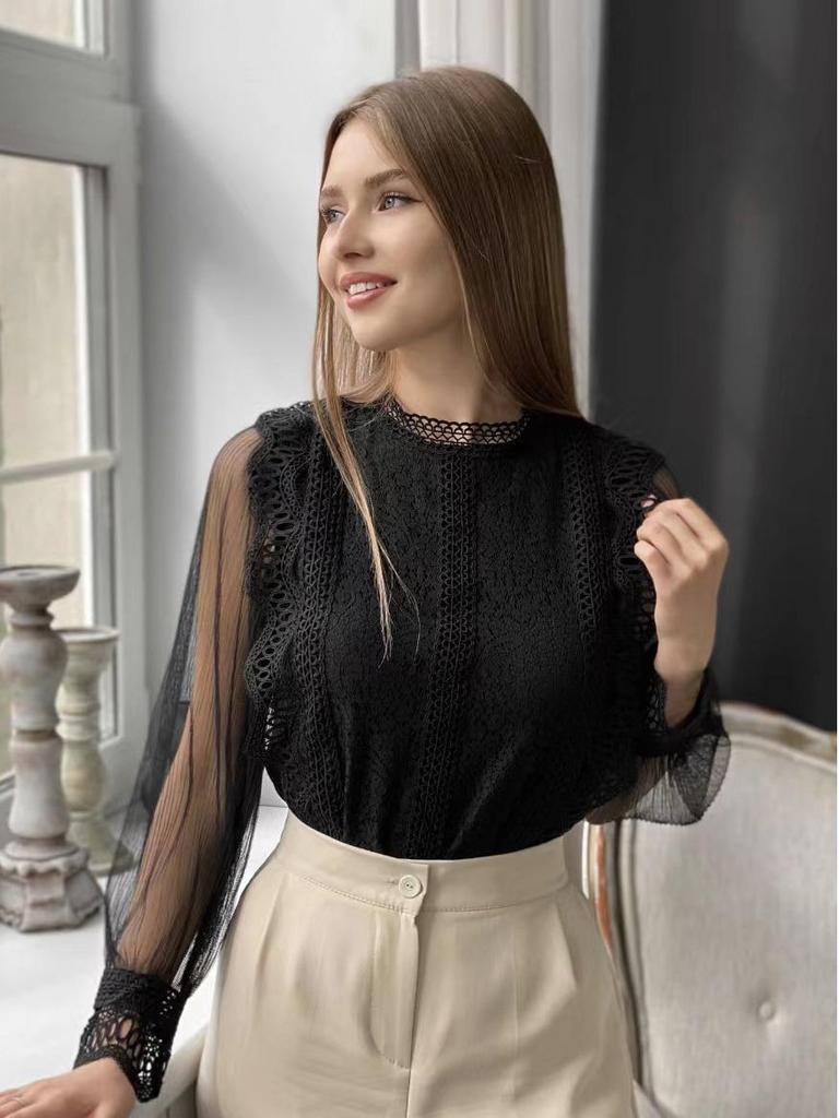 Elegant Mesh Puff Sleeve Round Neck Lace Top 