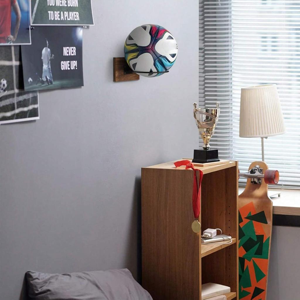 Ball Stand Holder for Basketball Wall Mount Football Display Stand Wood & Metal Storage Rack for Volleyball Softball Scarves