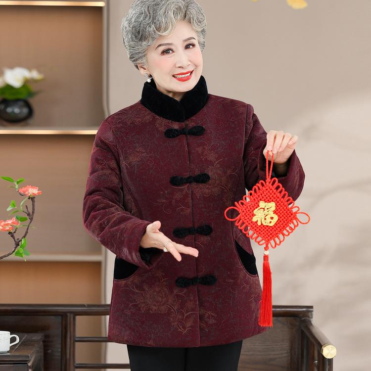 

Пожилая бабушка Зимняя стеганая куртка Пожилая женщина Тан стеганая куртка Бархатная теплая Утолщенная стеганая куртка 5XL темно-красного