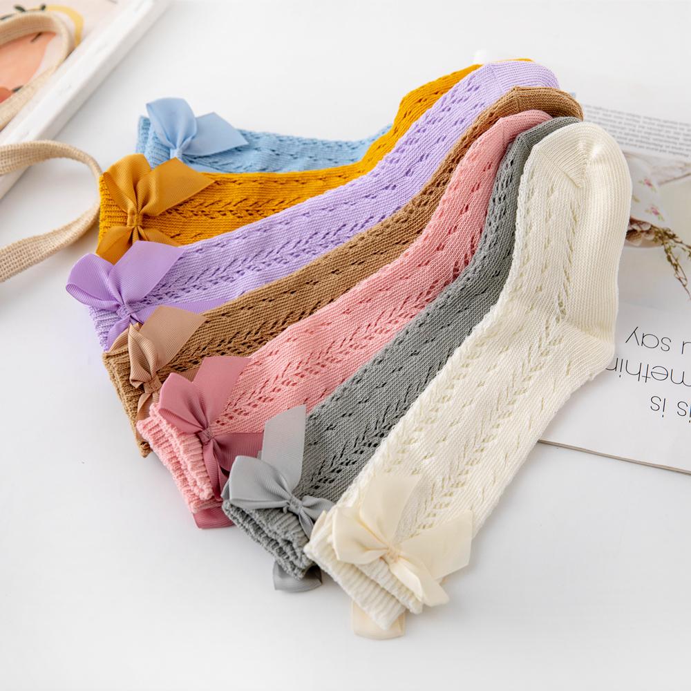 1 Perechi Șosete de Vară cu Fundă pentru Fetițe, Șosete Lungi pentru Copii Mici, Șosete Înalte până la Genunchi pentru Sugari, din Bumbac cu Plasă, Stil Spaniol, Șosete Respirabile Pentru 0-8 Ani