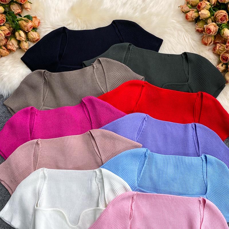 Women Summer Color Solid T Shirt Short Sleeve Square Collar Straight Tee Shirt Wear Top