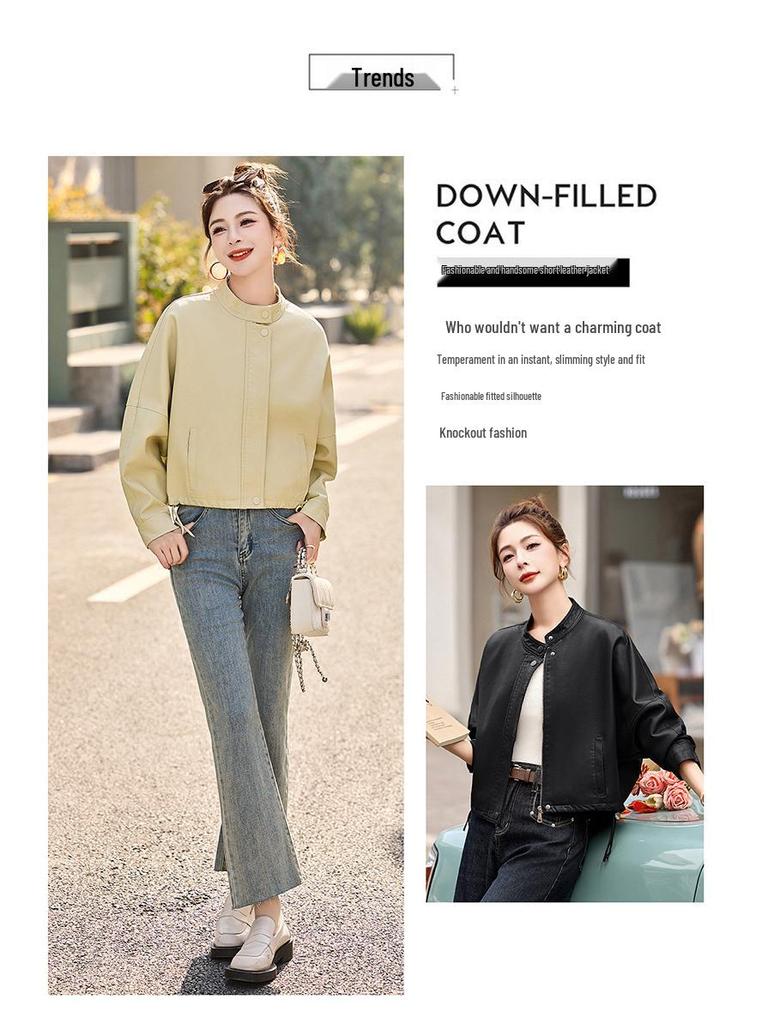 Women's Casual PU Leather Jacket with Stand Collar, Spring/Autumn 2025, Loose Fit, Small Size, XG9961