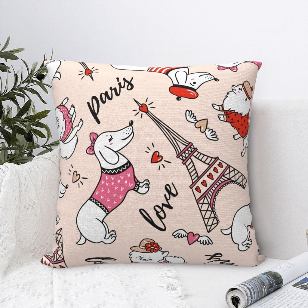 French Style Cartoon Dachshund And Eiffel Tower Pillow Case Dog Lover Cushion Cover Decorative Throw Pillow Case Cover for Home