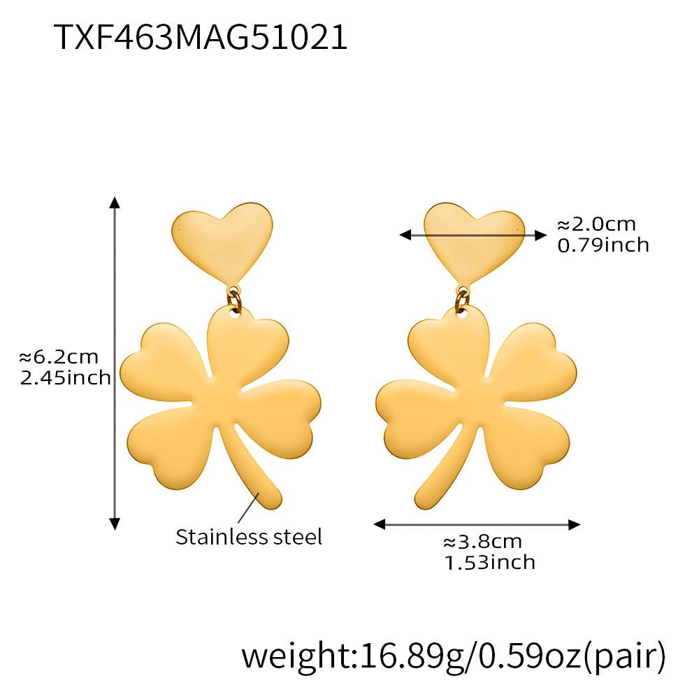 Oumeka 18k Gold-Plated Stainless Steel Jewelry Set: Heart & Four-Leaf Clover Earrings, Ring, and Necklace.