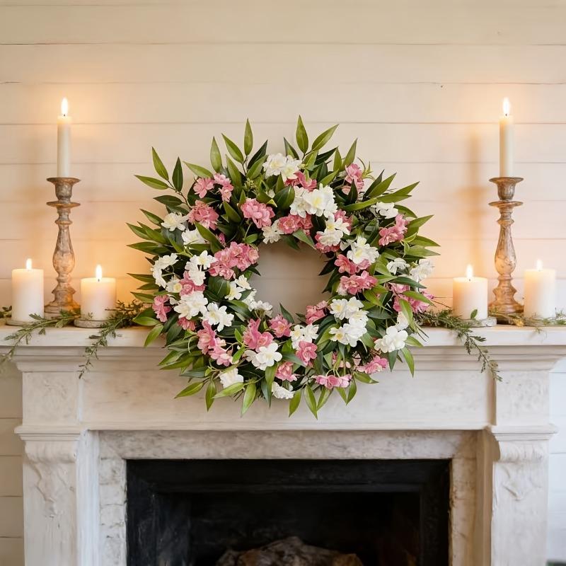 Bohemian Simulation Pink and White Flower Wreath with Branches and Leaves | Rural Farmhouse Style Plastic Flowers