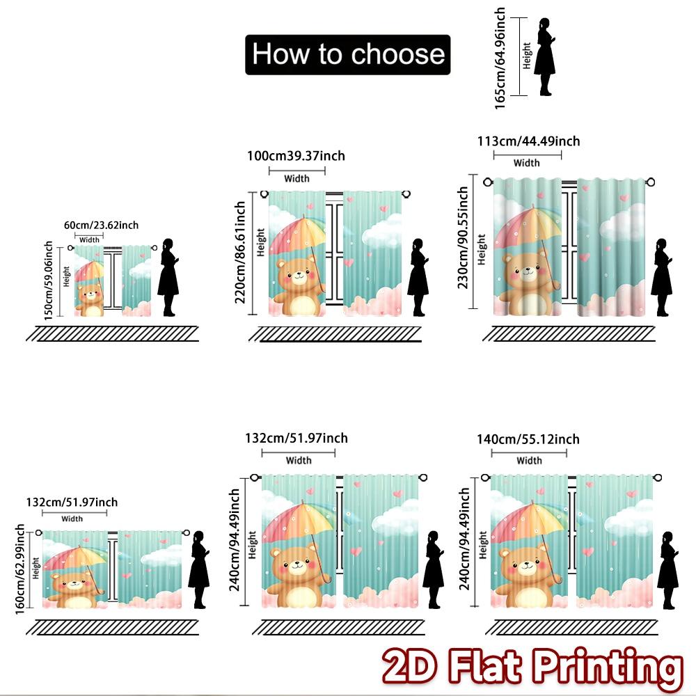 2D Flat Printing 2pcs Party Curtain Cute Bear Umbrella Rainbow Rain Digital Printed Polyester Drapes Festive Holiday Use for