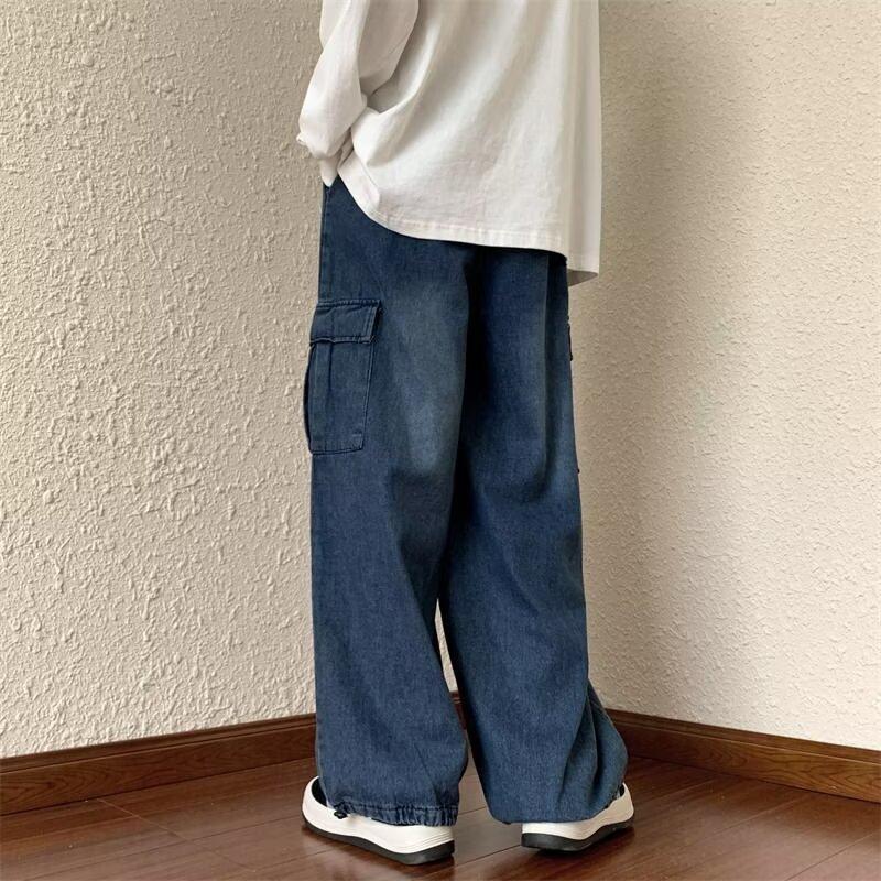 Men/Women Oversized Cargo Pants Vintage Drawstring Multiple Pockets Elastic Waist Solid Color Baggy Denim Pants Wide Leg Trouser