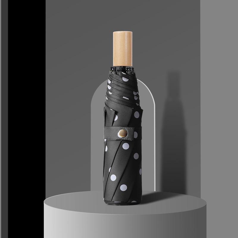 Small fresh vinyl wooden handle three-fold umbrella men's and women's umbrellas simple retro polka dot umbrella parasol
