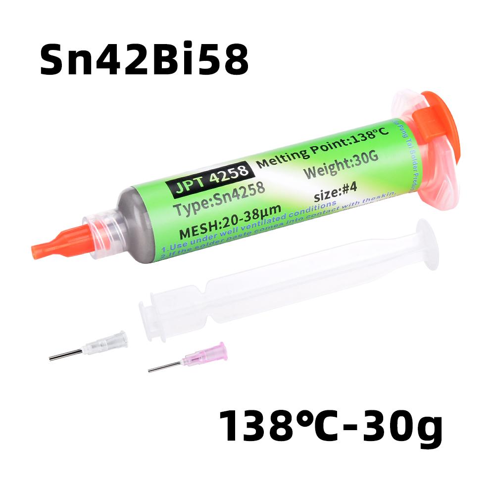 Sn42Bi58 SMD-Schweißpaste 138 ℃ Niedertemperatur-Bleifreie Spritze No-Clean-Lötpaste für die Reparatur von Telefonkomponenten