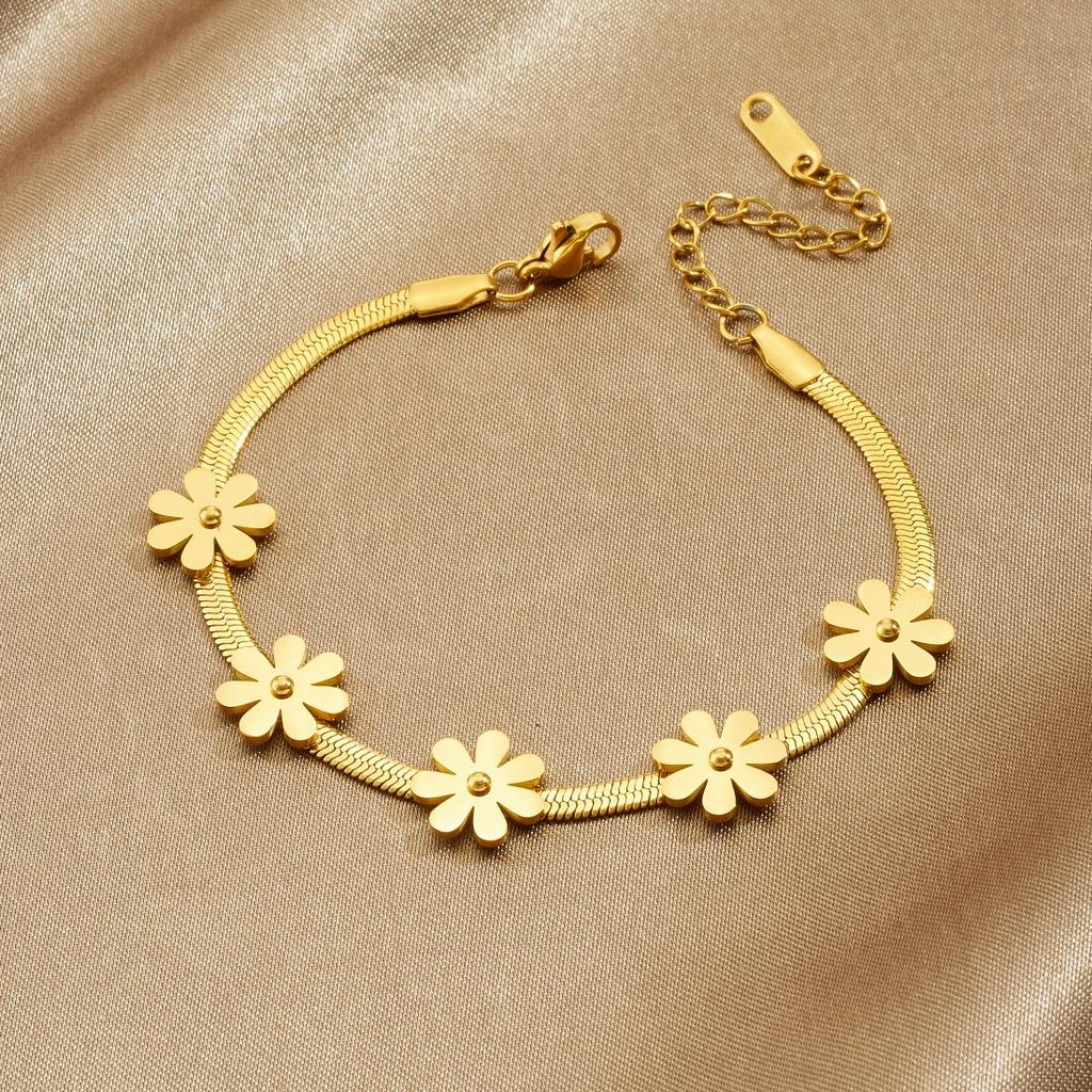 DIEYURO 316L Stainless Steel Golden Chrysanthemum Flower Little Daisy Snake Bone Bracelet Lady Classic Wrist Chain Jewelry