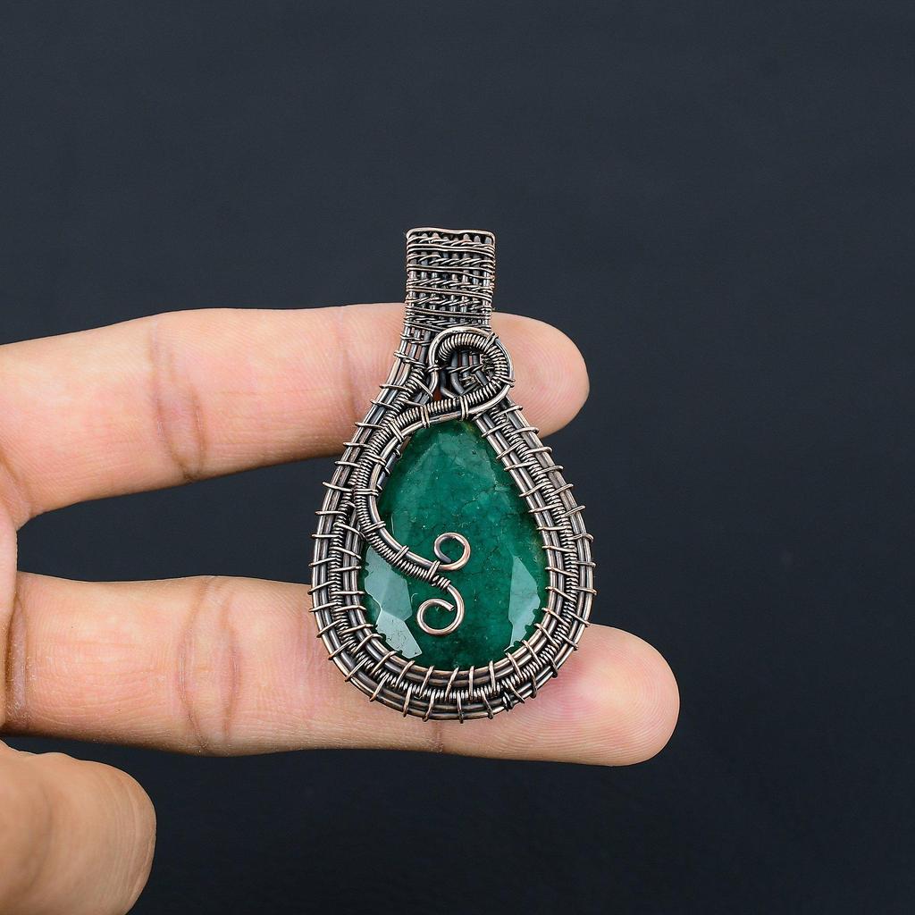 Emerald Pendant, 999 Copper Wire Wrapped Pendant Gemstone Jewelry, Handmade Pendant Amazing Jewelry, Gift For Her