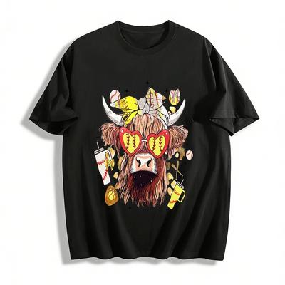 Hochlandkuh Baseball-Print Oberteil Trendiges lässiges Grafik-T-Shirt Reines Baumwoll-T-Shirt