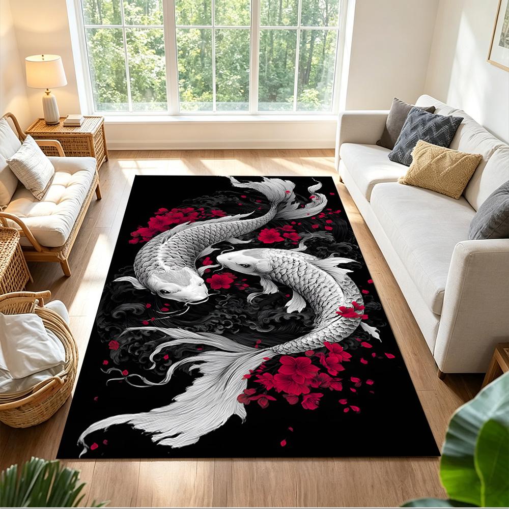 Koi-Fische und Kirschblüten Rutschfester Heimteppich Design für Wohnzimmer Schlafzimmer Büro Dekor Geschenk mit Lebendigem Muster und Bequem