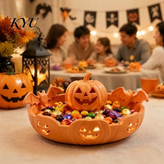 Party Food Display Tray Halloween Pumpkin Tray, Bat Relief Candy Holder, 3D Printed Holiday Gift for Desktop Storage Bowl, Spooky Tabletop Ornament