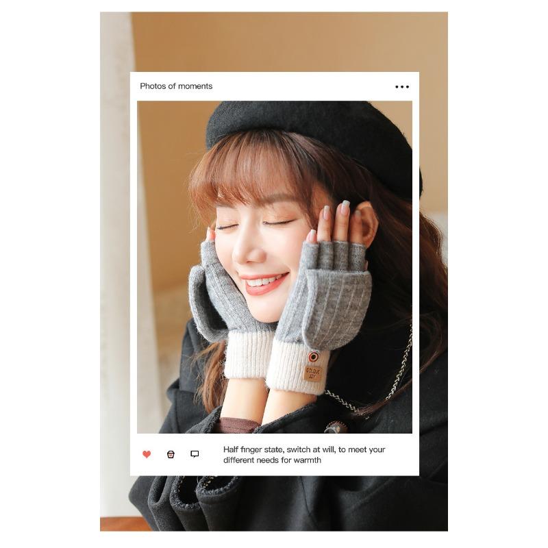 Half Finger Flip Korean Style Gloves Winter Women's Cute Fleece-Lined Cold-Proof Warm Wool Knitted Autumn and Winter Open Finger