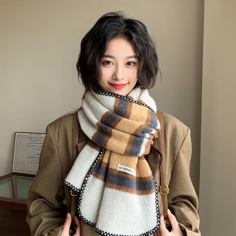 

New Color blocked Striped Scarf for Women in Autumn and Winter Korean Style Versatile High End Knitted Warm Student Scarf Trendy 200*50cm