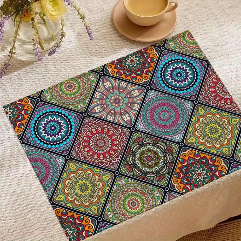 4 Buc. Set de Masă Rectangular Floral Geometric Boho Mandala din In pentru Cină
